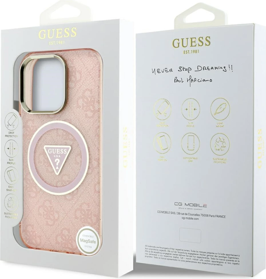 Mbështjellës Guess IML Metal Glitter 4G Circle Triangle MagSafe për iPhone 16 Pro, Rozë