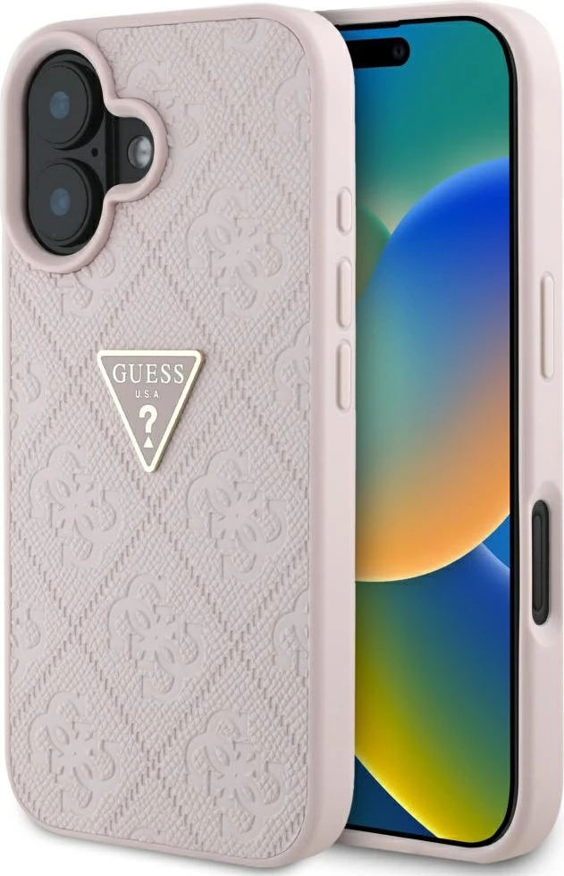 Mbështjellës Guess Hot Stamp 4G Pattern Triangle Metal Logo për iPhone 16, Rozë