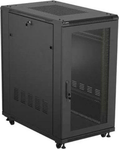 Kabinet rack qëndrimor 19" Lanberg FF01-6022-23B 22U, ngarkesë 800 kg, derë e perforuar, panel me 6 ventilatorë, Flat Pack, e zezë