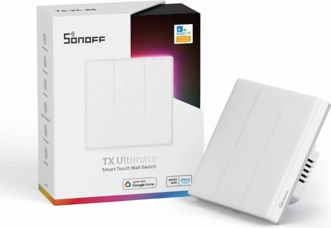 Switch muri i mençur SONOFF TX Ultimate T5-3C-86, Wi‑Fi, 3-kanal, RGB, i bardhë
