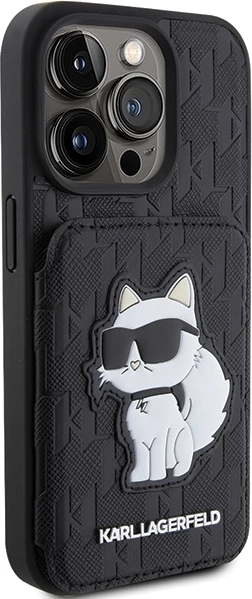 Mbështjellës Karl Lagerfeld Saffiano Cardslots & Stand Monogram Choupette për iPhone 15 Pro Max, i zi