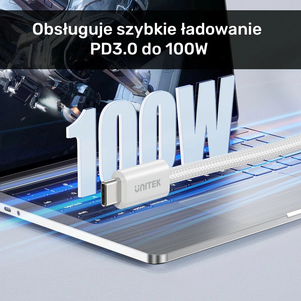 Kabëll Unitek USB-C PD 100W, 1m, bardhë
