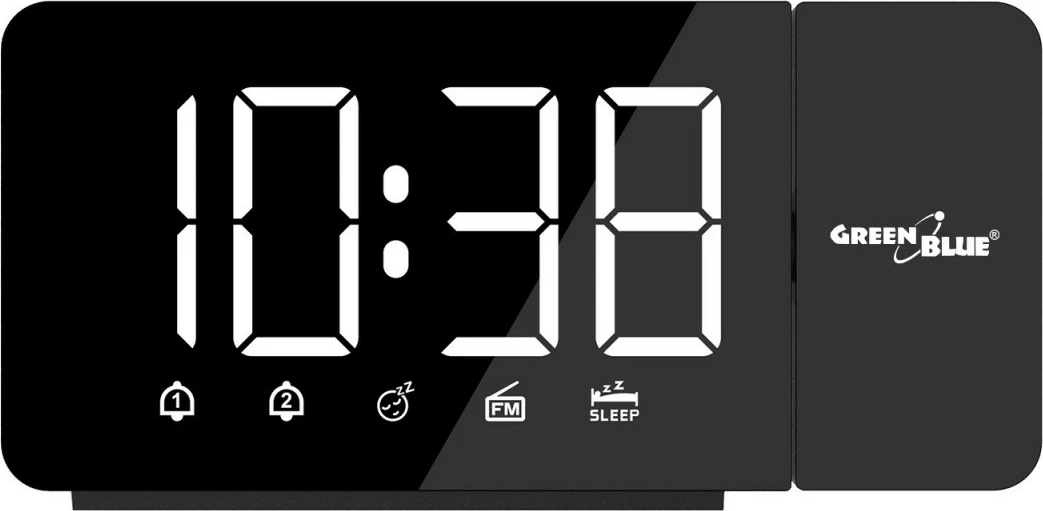 Orë alarmi digjitale me projektor GreenBlue GB172, FM radio, 12/24 orë, USB 5V, bateri CR2032, e zezë, set (kabel USB + bateri + manual)
