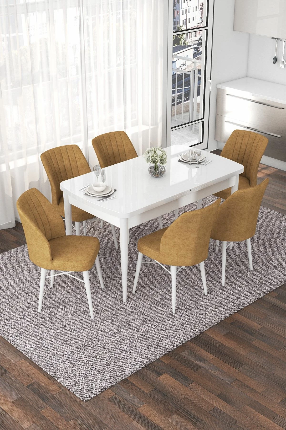 Set tavoline me karrige për ngrënie, zgjatës, Skye Decor, e bardhë, kapuçino, 7 copë