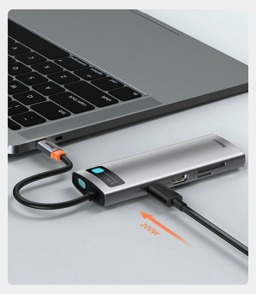 HUB Baseus Metal Gleam 8in1, USB-C, HDMI 4K, RJ45, 100W PD, Gri