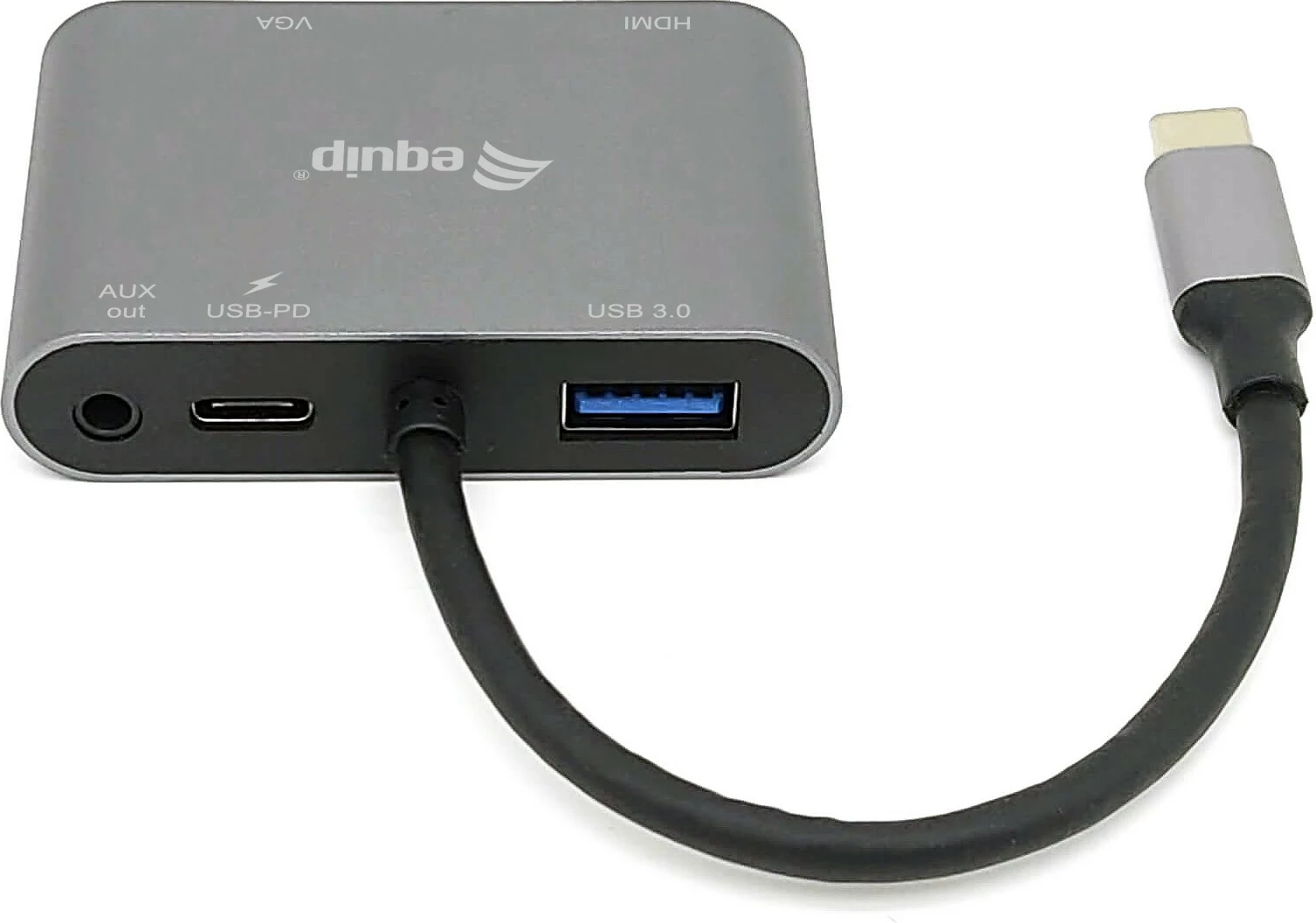 Adapter USB-C multifunksional Equip 5-në-1, 100W, HDMI, VGA, USB 3.0, AUX, zi/gri