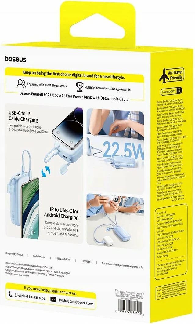 Powerbank Baseus EnerFill FC21 Qpow 3 Ultra 20000mAh 22.5W me ekran, Blu