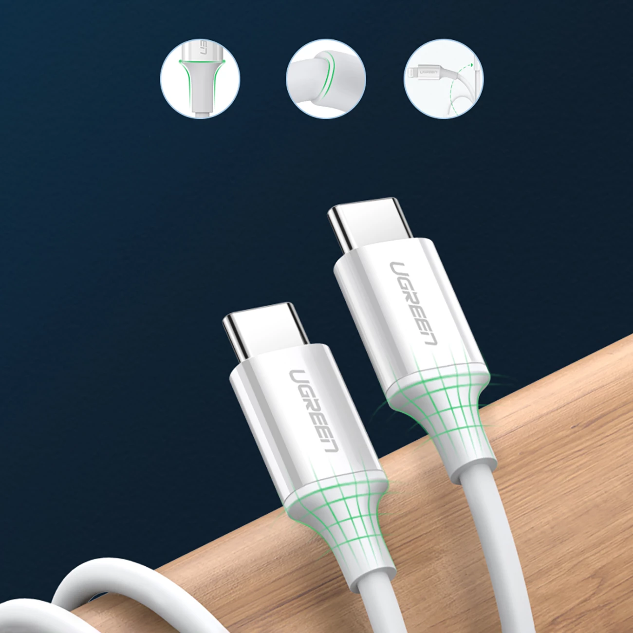 Kabllo USB-C në USB-C Ugreen US264 60517, 0.5m, e bardhë