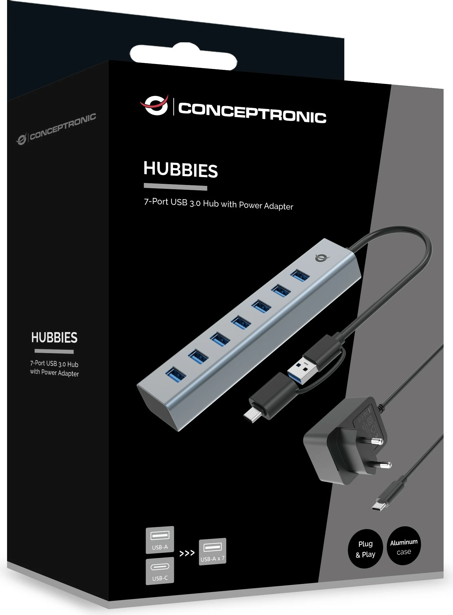 Hub USB 7-portësh Conceptronic, USB-A 3.0/USB-C, me adapter, gri