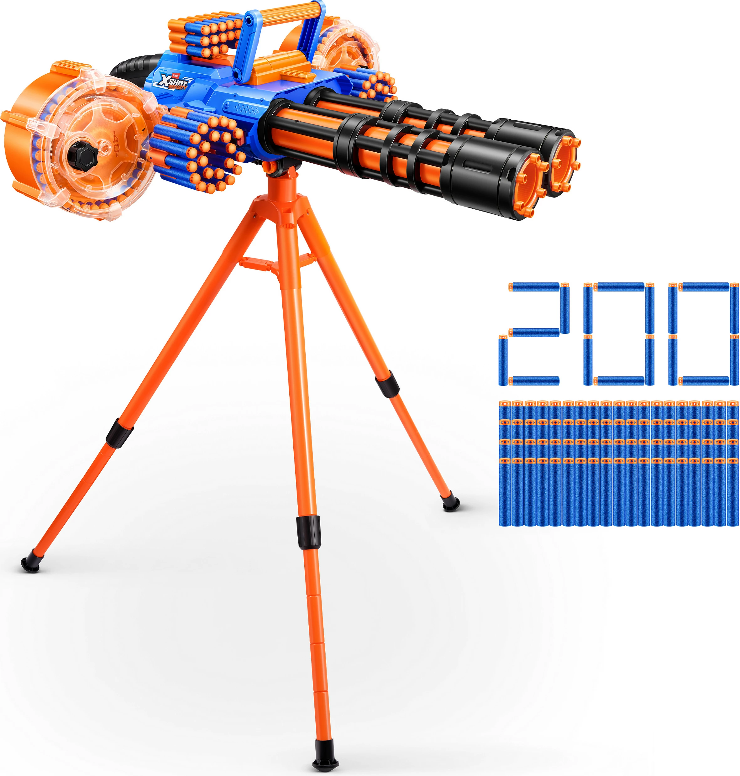 Blaster me dartsa ZURU XSHOT Insanity Series 1 Motorized Dartstorm, me tripod, 200 dartsa, portokalli/blu