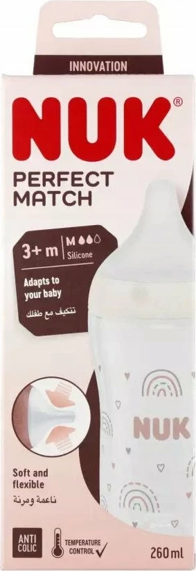 Biberon NUK Perfect Match 10742026 260 ml, thithë silikoni medium, e bardhë
