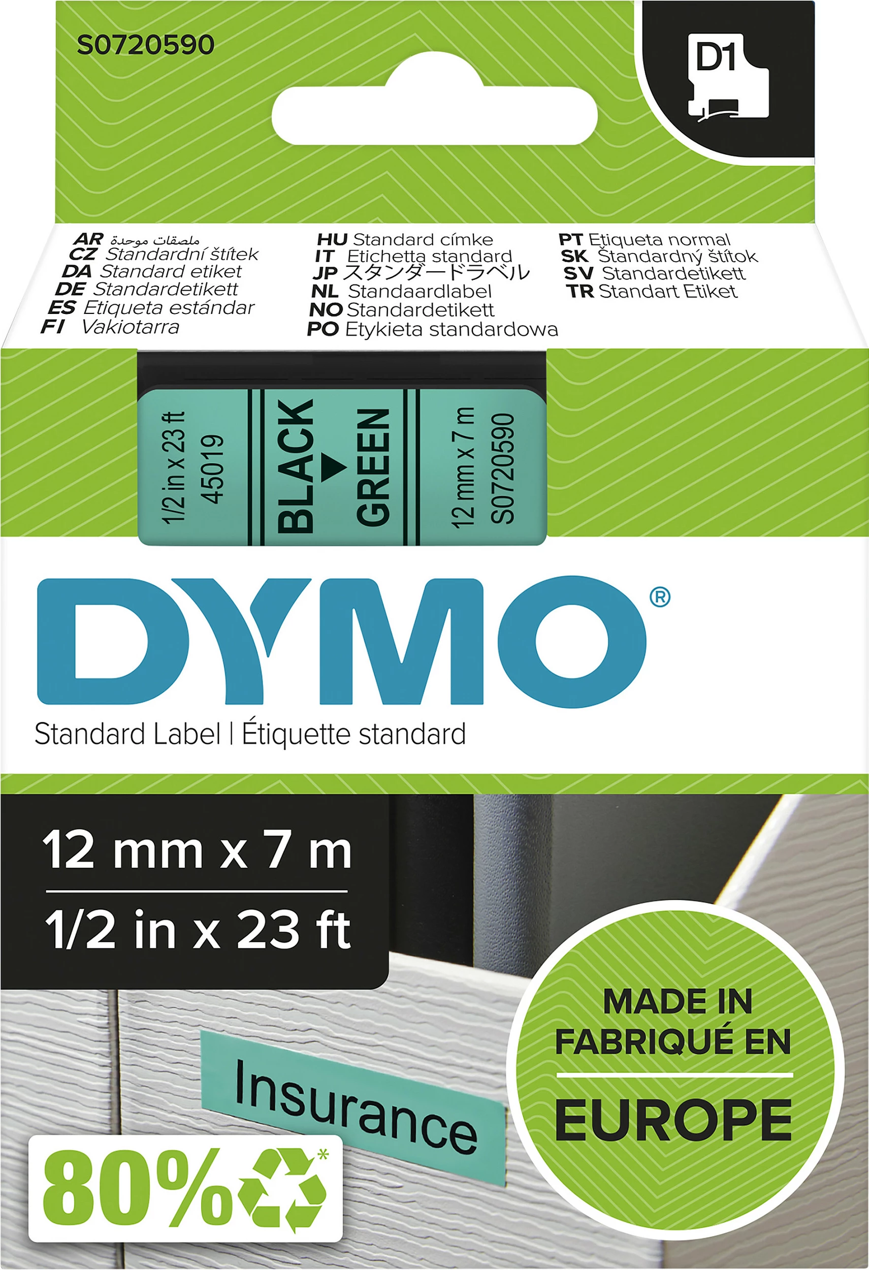 Shirit etiketash DYMO D1 Standard 12mm x 7m, e zezë në të gjelbër