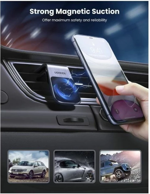 Mbajtës telefoni magnetik për veturë UGREEN 80712B, montim në grilë ajrimi, me pllaka metalike, zi/argjend