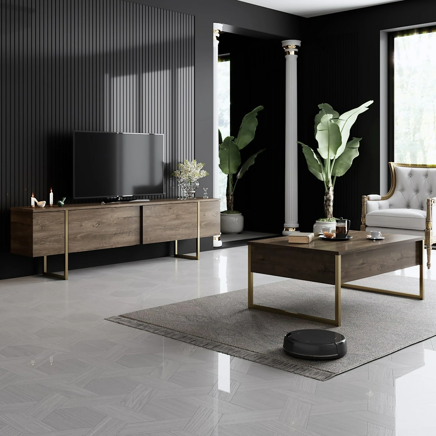 Set mobiljesh për dhomë dite, ngjyrë arre dhe ari, Luxe