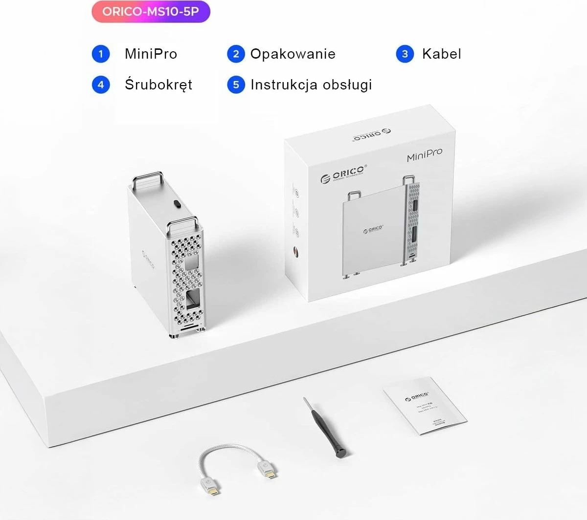 Kasë Orico për Mac Mini M4 me slot M.2 NVMe, 2x USB 3.2, USB-C, lexues kartele, argjend