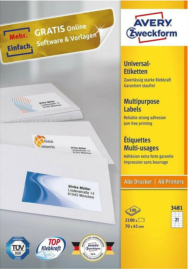 Etiketa universale AVERY Zweckform 3481, A4, 70x41 mm, 100 fletë, ngjitje permanente, të bardha