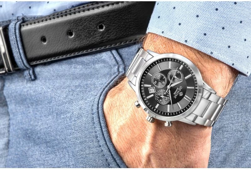 Orë dore meshkuj Giewont GW8510-B1, argjendtë me rrip çeliku, me kronograf, e zezë