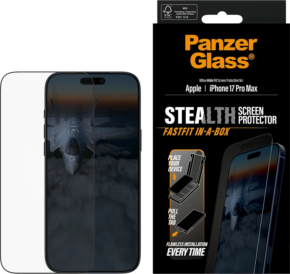 Mbrojtës ekrani PanzerGlass Stealth për iPhone 17 Pro Max, Ultra-Wide Fit, Fastfit, kornizë e zezë