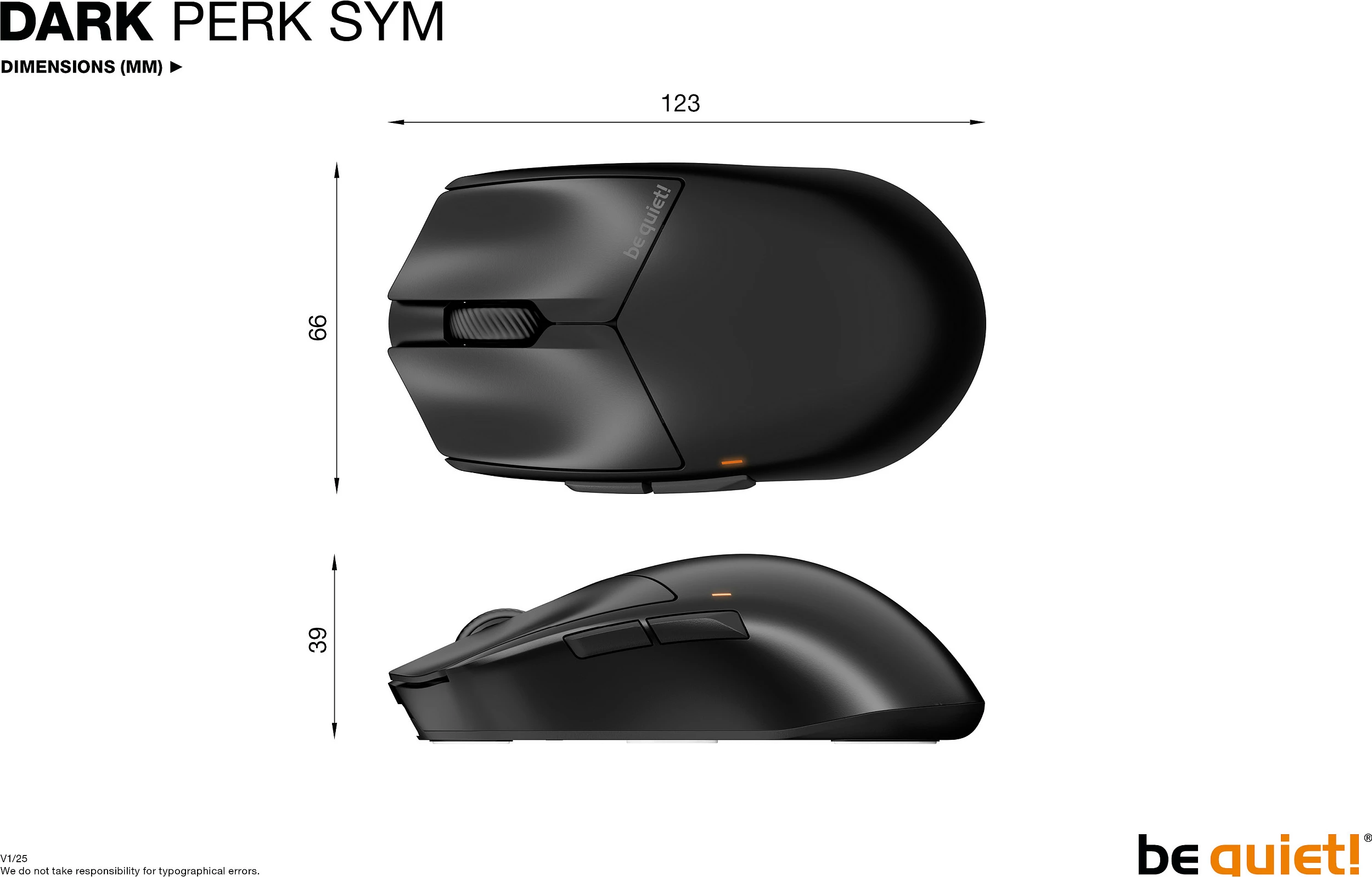 Maus be quiet! Dark Perk Sym, wireless + USB-C, 32000 DPI, për dorë të djathtë, i zi