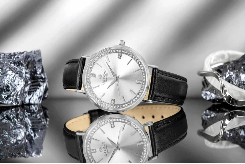 Orë dore femrash Giewont GW5390-A1, argjend, rrip lëkure i zi