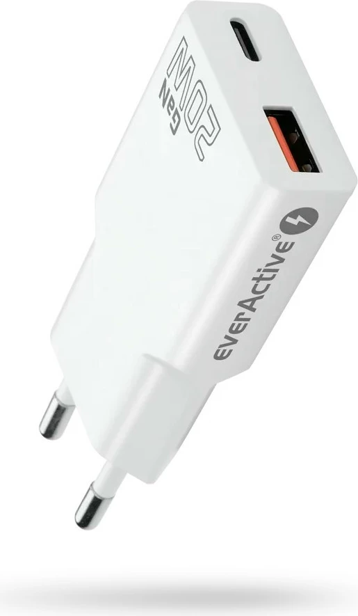 Karikues muri, everActive, SC-340Q, GaN super slim, USB QC 3.0 + USB-C PD 20W, 1x USB + 1x USB-C, i bardhë