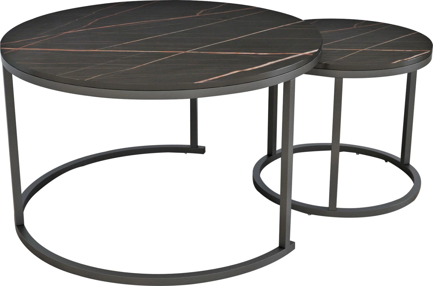 Set 2 tavolina kafeje ΗΜ8763.13, MDF efekt mermeri i zi, këmbë metalike të zeza, Φ80x48cm