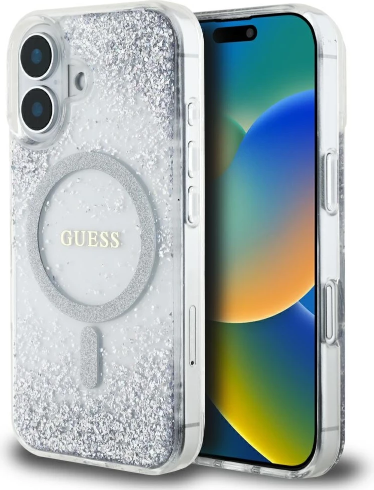 Mbështjellës Guess HC Resin Bottom Glitter MagSafe për iPhone 16, Argjendtë