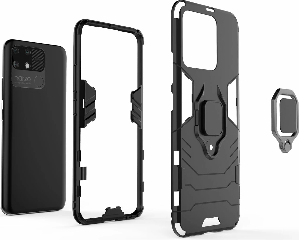 Mbështjellës Hurtel Ring Armor për Realme Narzo 50A, me dorezë magnetike, i zi