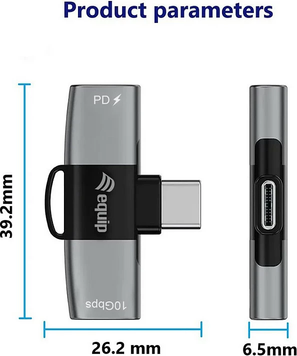 Adapter USB-C OTG Equip 133479, 2në1, PD 100W, 10Gbps, 2x USB-C, gri