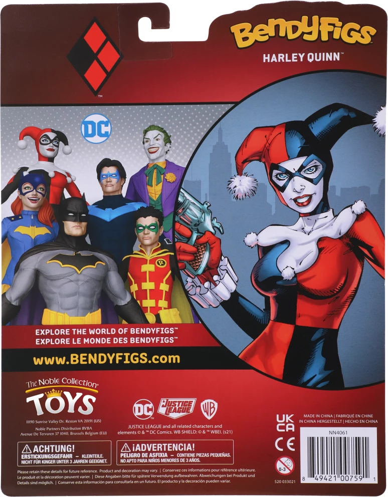 Figurinë fleksibile NOBLE COLLECTION Bendyfigs DC Suicide Squad (Comic) Harley Quinn Jester 19 cm, me çekan