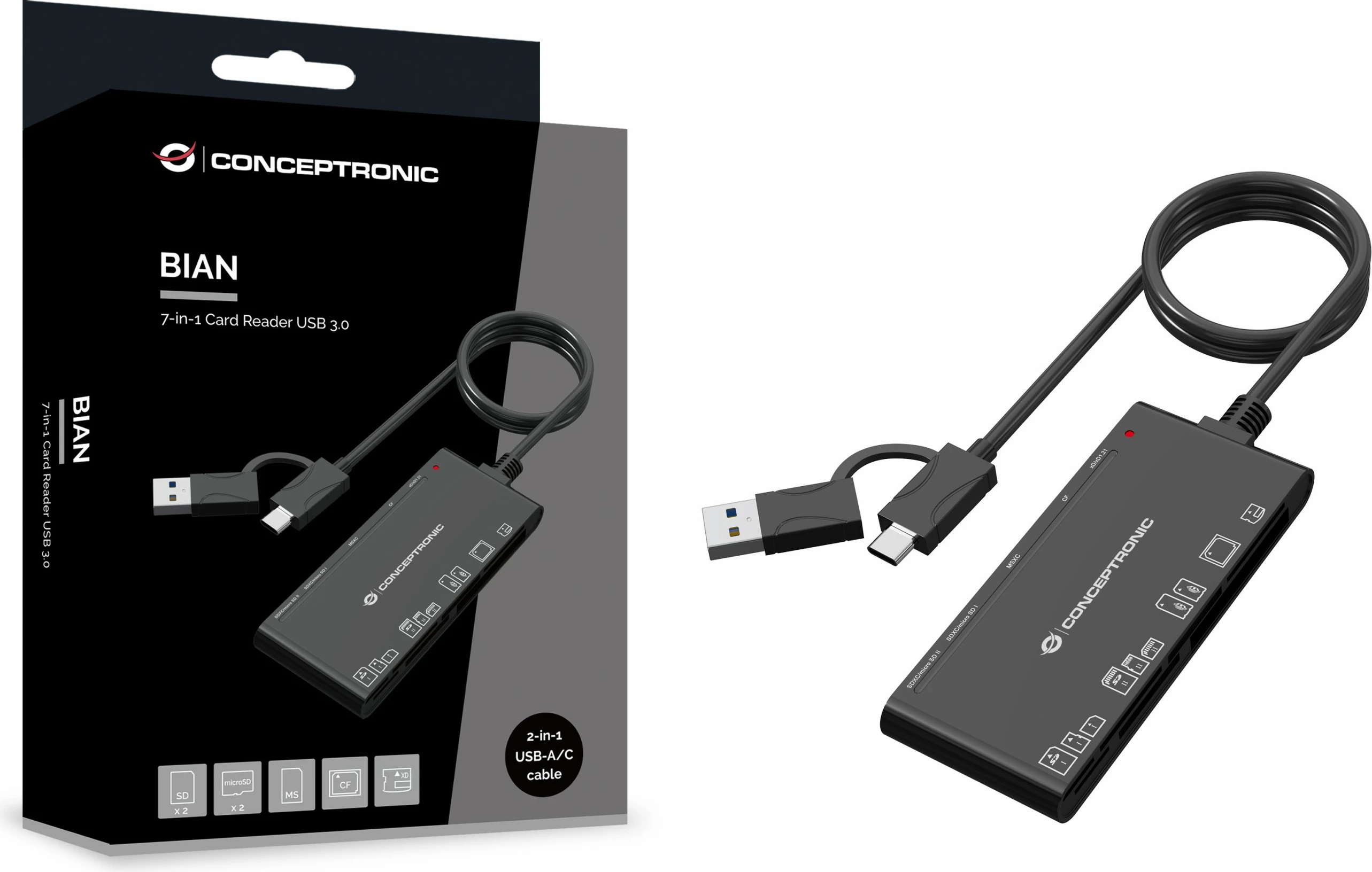 Lexues kartelash Conceptronic 7-në-1, USB-A/USB-C, i zi