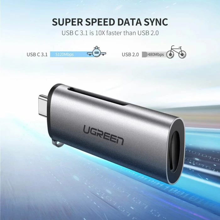 Lexues kartelash USB-C OTG UGREEN 50704, TF/SD, USB 3.1 5Gbps, dual-slot, gri, në kuti