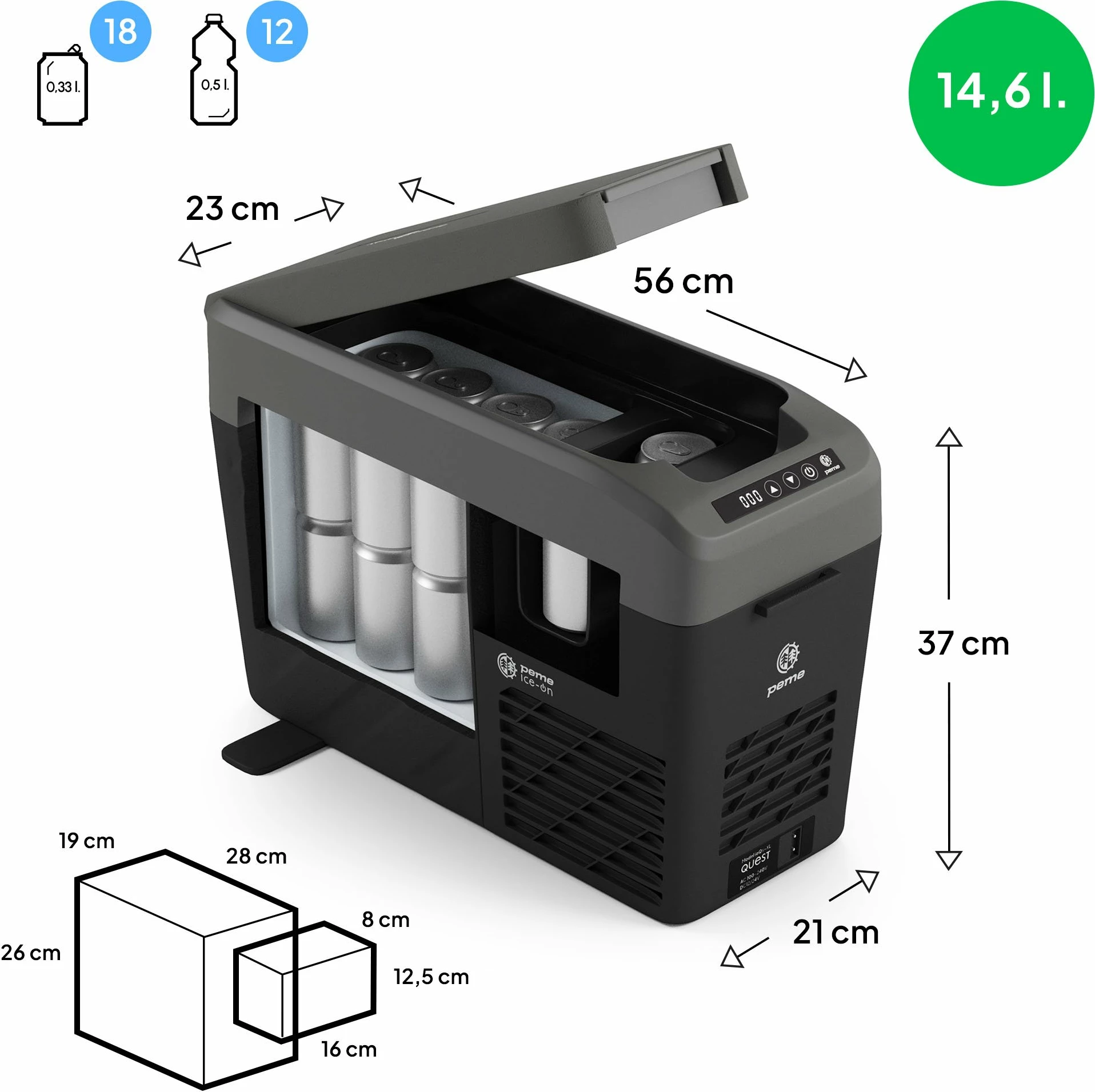 Frigorifer kamping me kompresor Peme Quest 14 14.6 L, -20°C, i zi