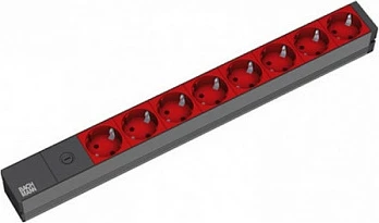 Shirit prizash rack 19" Bachmann 8-fish, 10A, kabllo 2m, alumin, pa ndërprerës, zi/kuqe