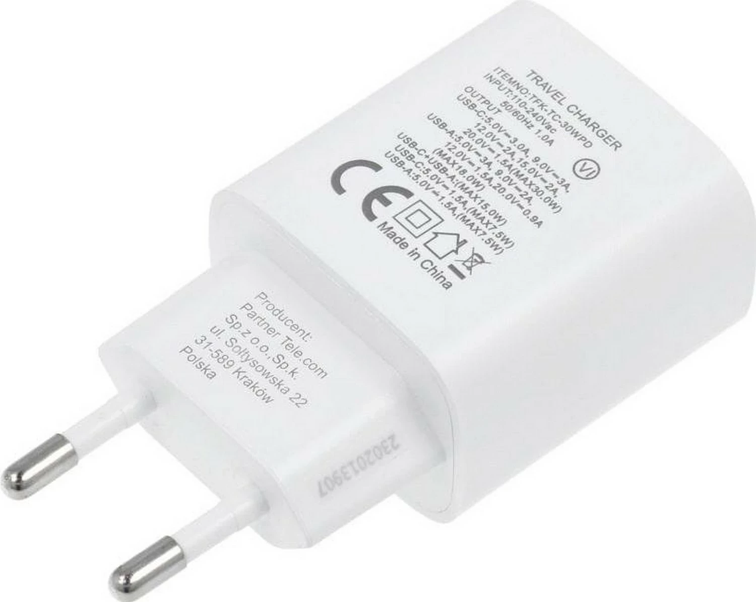 Karikues Forcell F-Energy TFK-30WPD, 30W, USB-A & USB-C, bardhë