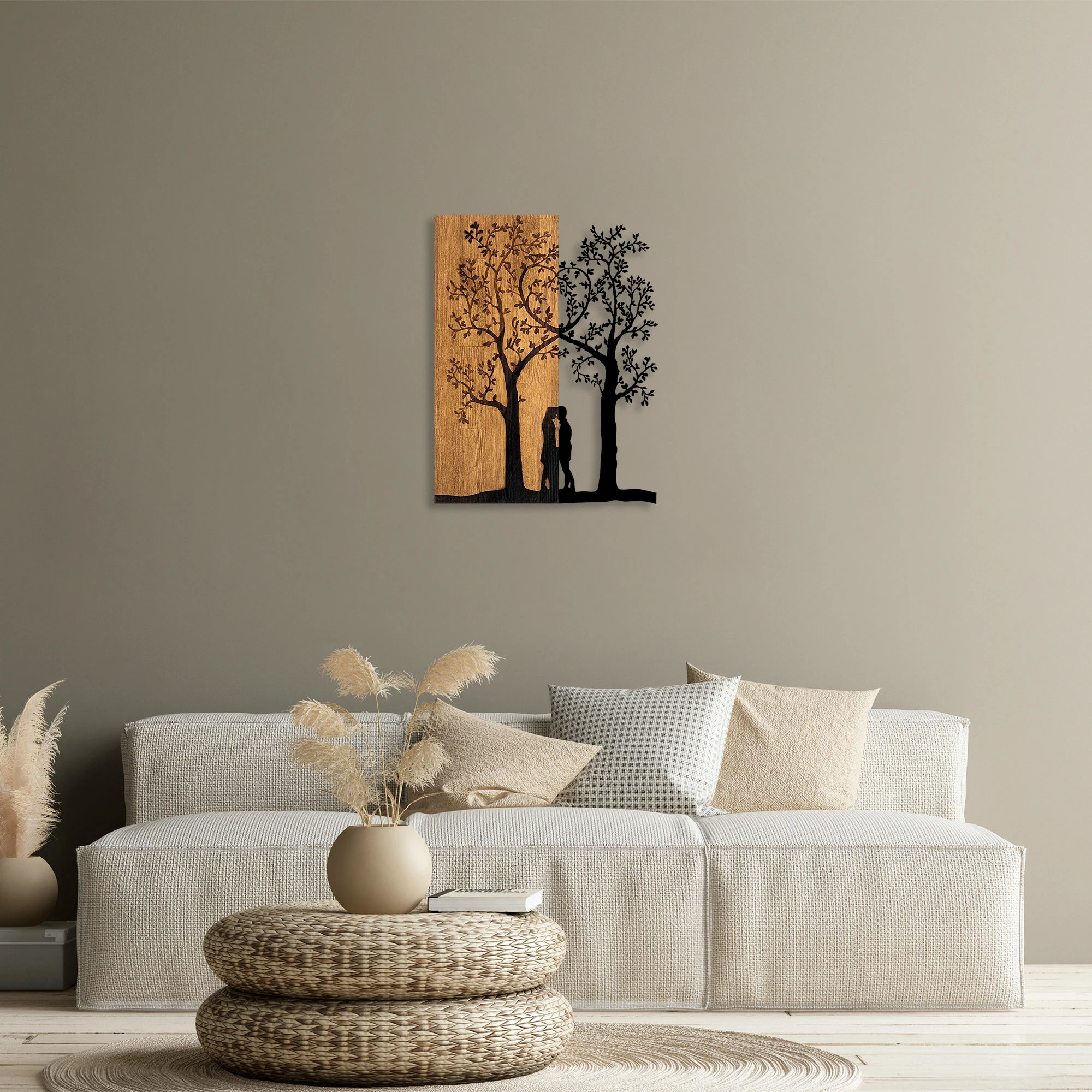 Aksesor dekorativ për mur, dru dhe metal, Love Under The Tree, ngjyrë arre dhe e zezë, 45x58cm