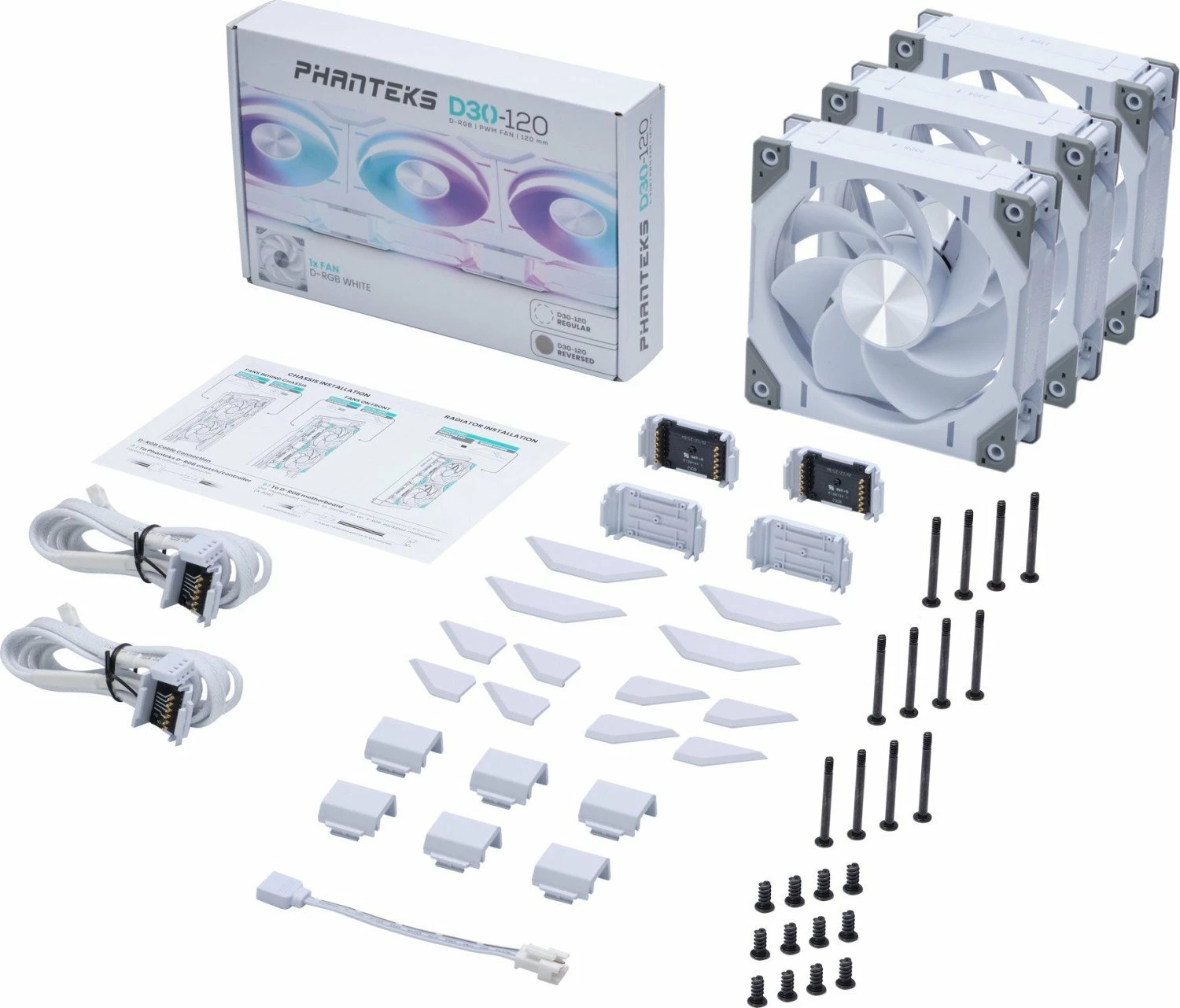 Ventilator kasë PC Phanteks D30-120 D-RGB PWM 120mm 30mm Reverse i bardhë, set 3 copë