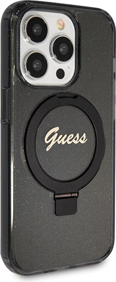 Mbështjellës Guess Ring Stand Script Glitter MagSafe për iPhone 14 Pro, i zi