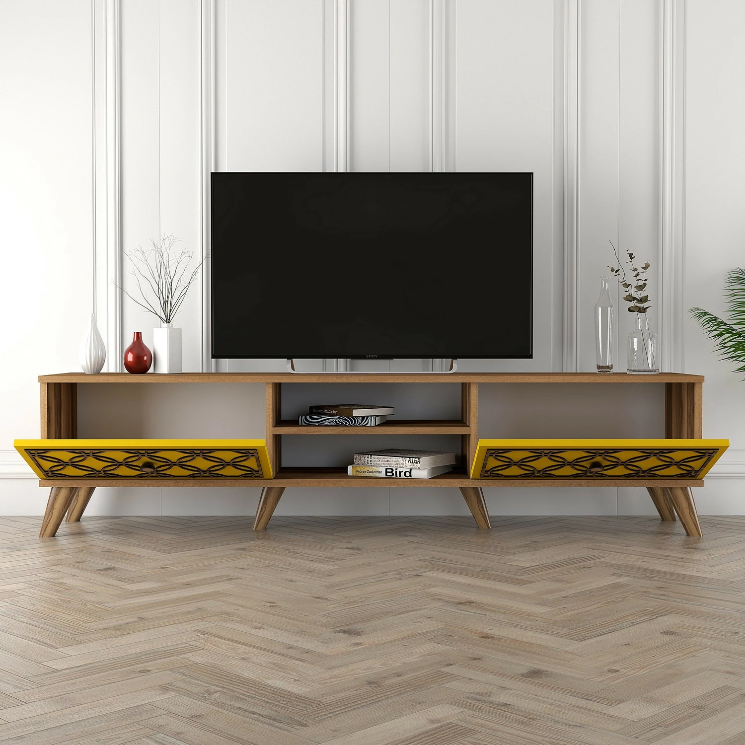 Komodë TV Hanah Home, Class, ngjyrë arre dhe e verdhë