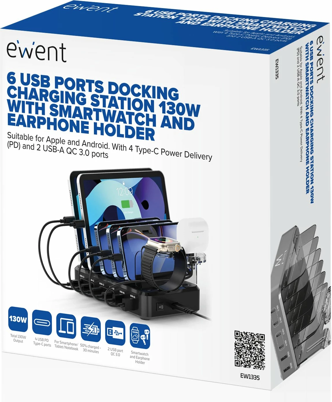 Adapter rryme Ewent EW1335 130W, 6 porta (4x USB-C PD, 2x USB-A QC), kabllo 2 m, i zi