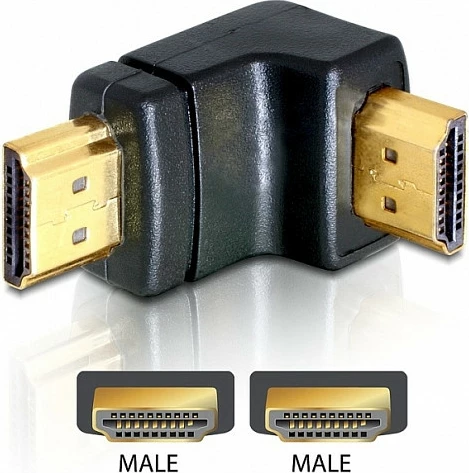Adapter HDMI DeLOCK 90° poshtë, HDMI 1.3 mashkull në mashkull, i zi