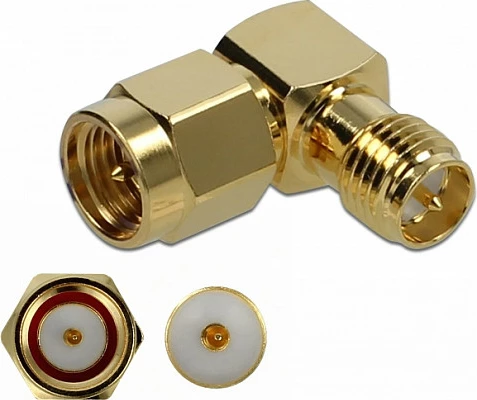 Adapter SMA në RP-SMA DeLOCK 89955, 50 Ohm, këndor, i artë