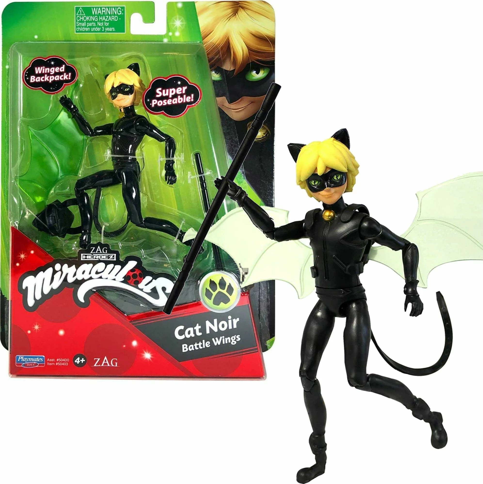 Figurë Playmates Toys Miraculous Cat Noir 50403, 13 cm, me aksesorë (kij + krahë), set 3 copë, e zezë