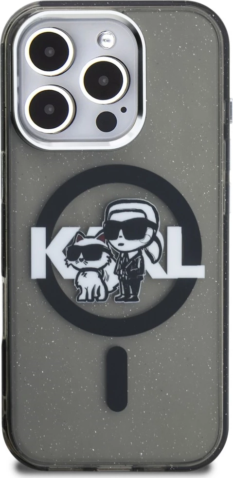 Mbështjellës Karl Lagerfeld IML Glitter Karl & Choupette Sketch Logo MagSafe për iPhone 16 Pro Max, i zi