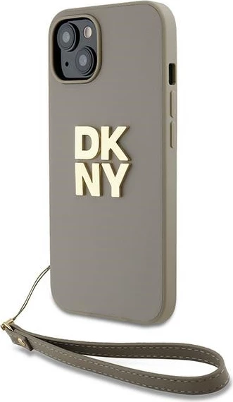Mbështjellës DKNY Wrist Strap Stock Logo për iPhone 15 Plus, bezhë