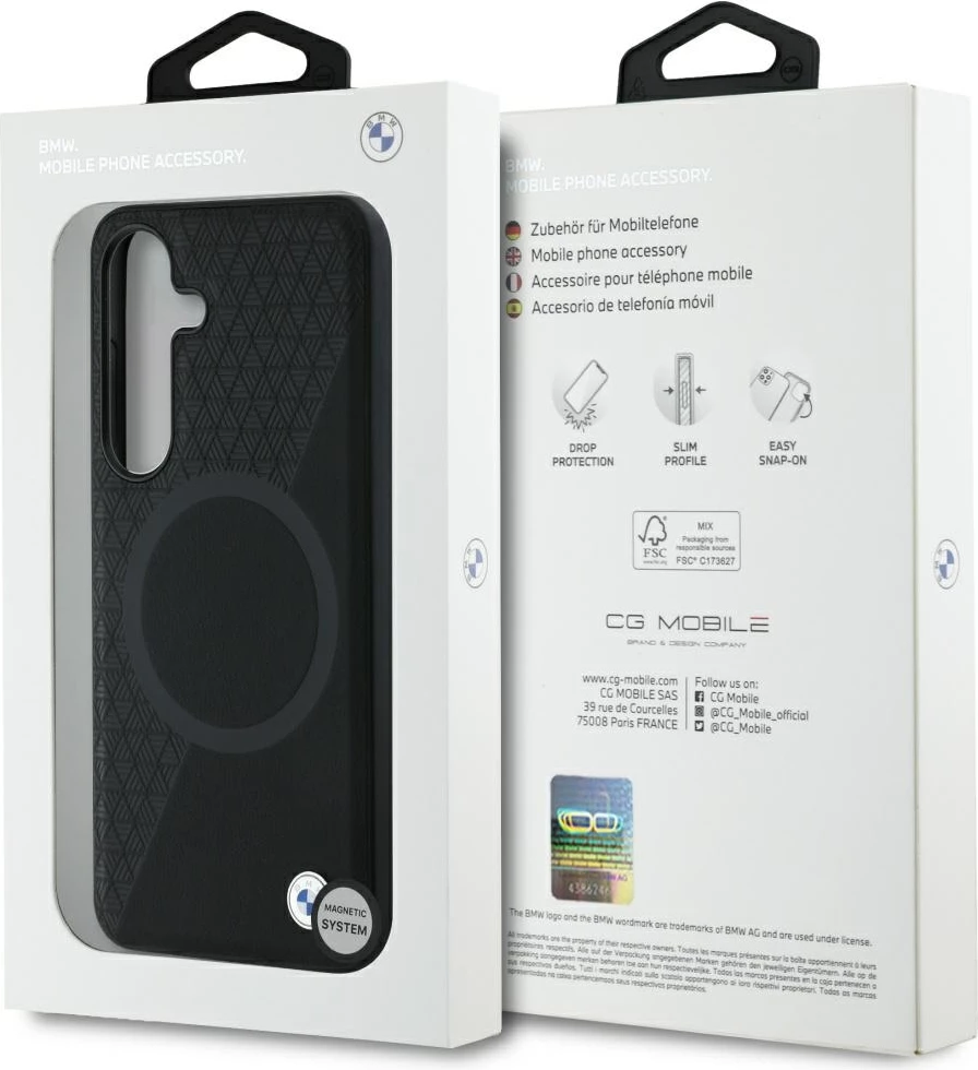 Mbështjellës BMW Leather Half Textured MagSafe për Samsung Galaxy S25, i zi