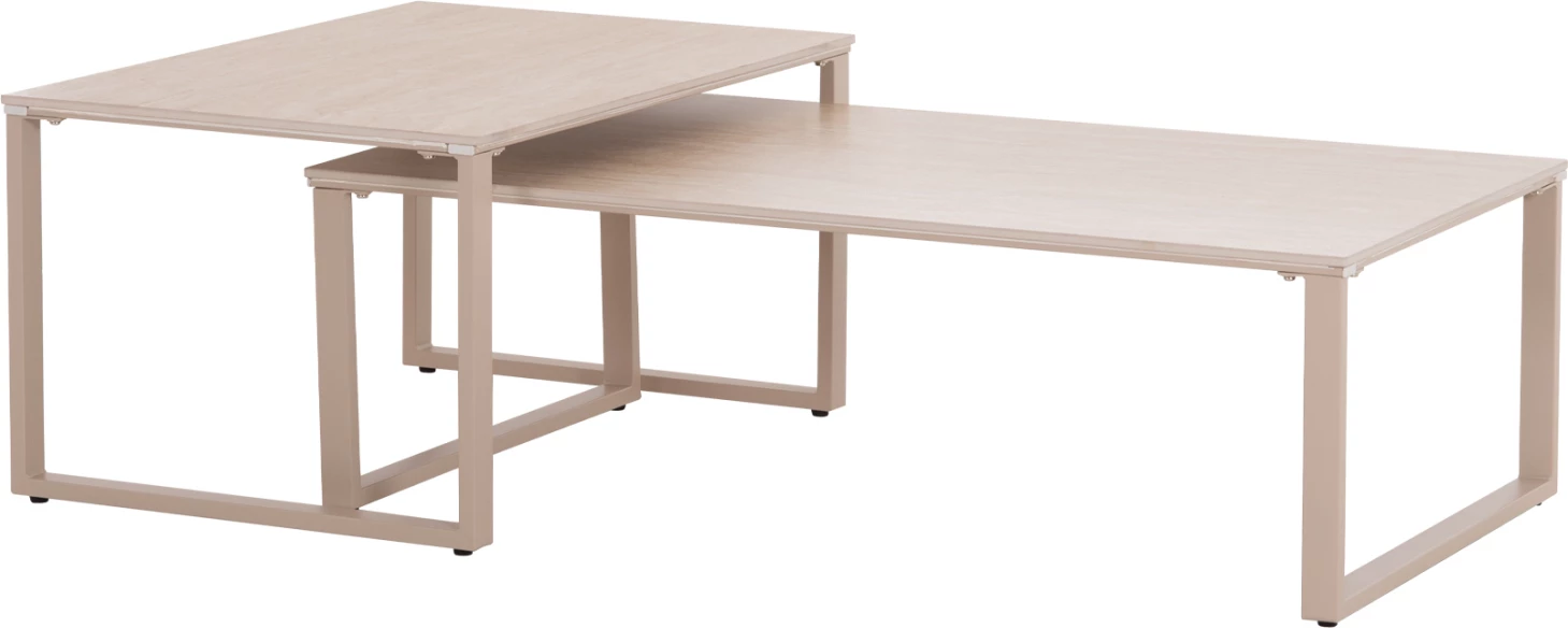 Set tavolina kafeje 2 copë, metal bezhë, sipërfaqe gur sinterizuar, model travertin, 120x70x45H
