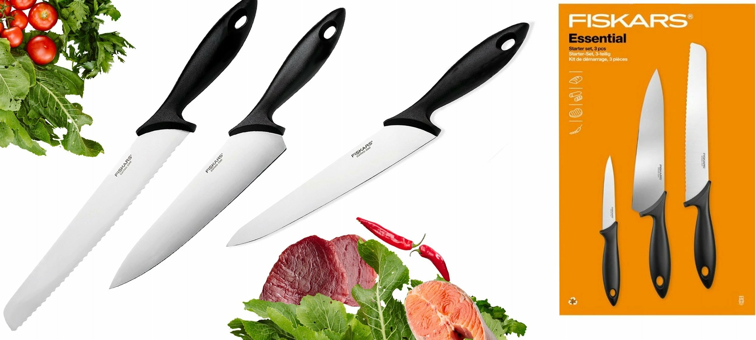 Set thikash kuzhine Fiskars Essential Starter 3 copë, inox HRC53, 21/23/11 cm, e zezë