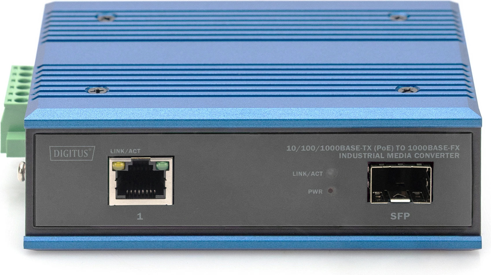 Konvertues media industrial Digitus, Gigabit PoE RJ45 në Fiber 1000Base-FX, DIN Rail, blu