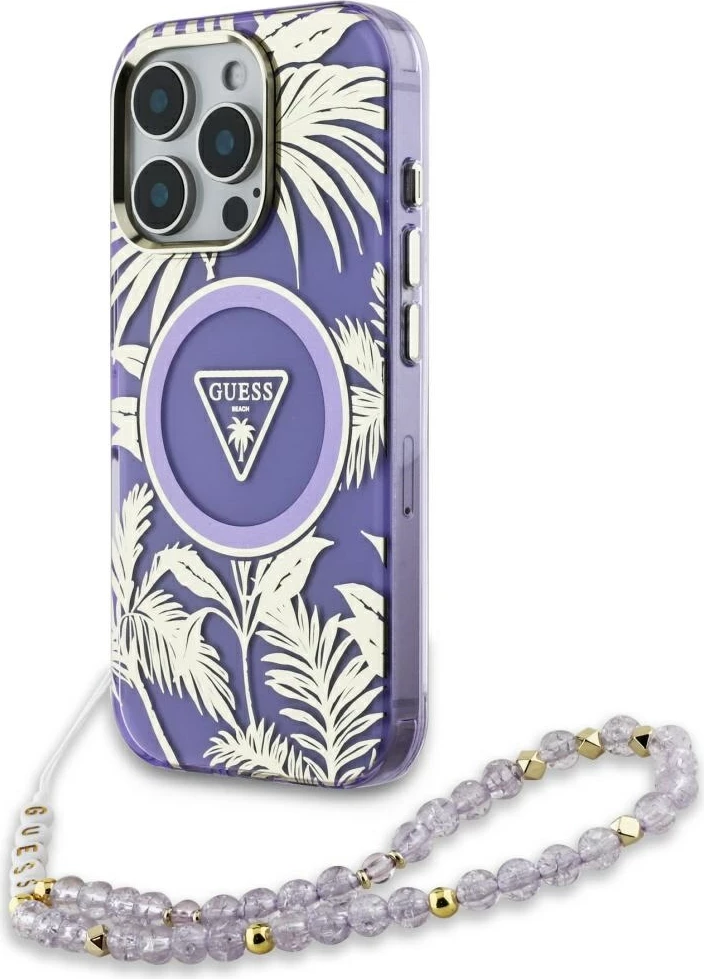 Mbështjellës, Guess, Palm Trees Triangle Pearl Strap MagSafe, për iPhone 16 Pro Max, hardcase TPU/PC, me unazë MagSafe dhe varëse rruzash, vjollcë